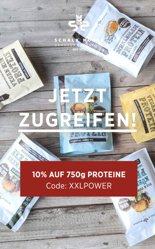 750g Protein Packungen auf einem Tisch
