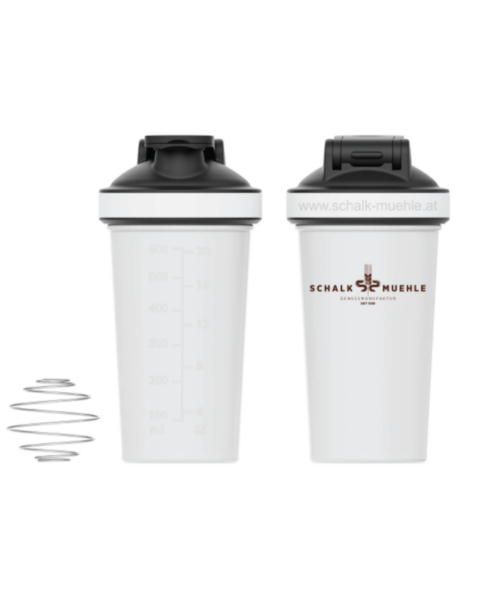 Schalk Mühle Protein Shaker als Edelstahl in weiß mit schwarzem Verschluss und Edelstahl-Shaker Ball